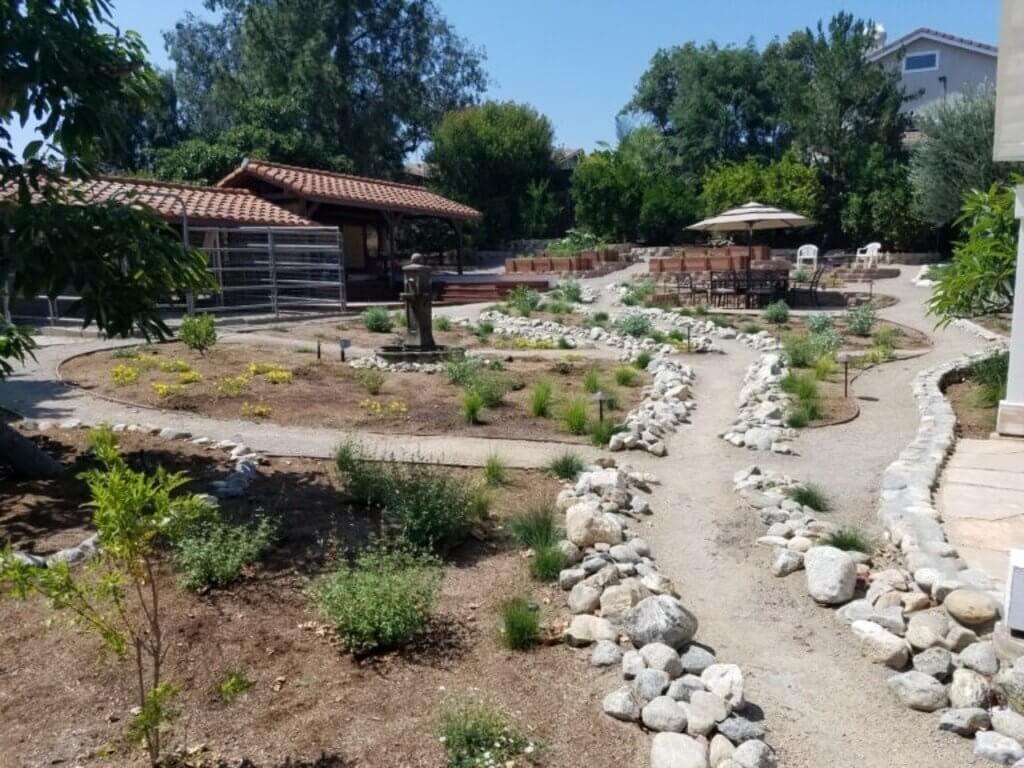 Naturalistic garden with flagstone paths and river-rock dry creek bed below a hillside backdrop