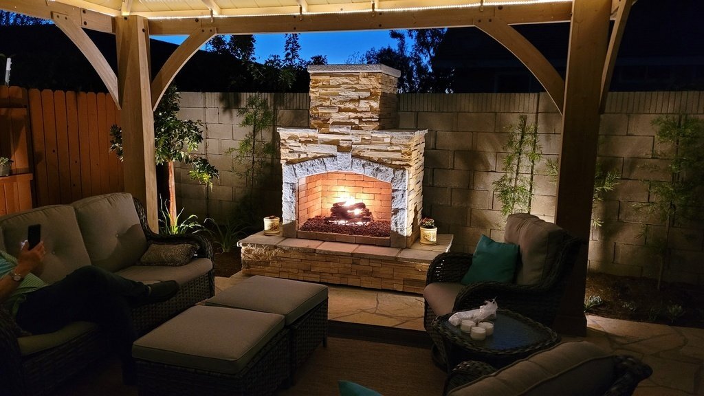 Custom stone fireplace with comfortable seating area